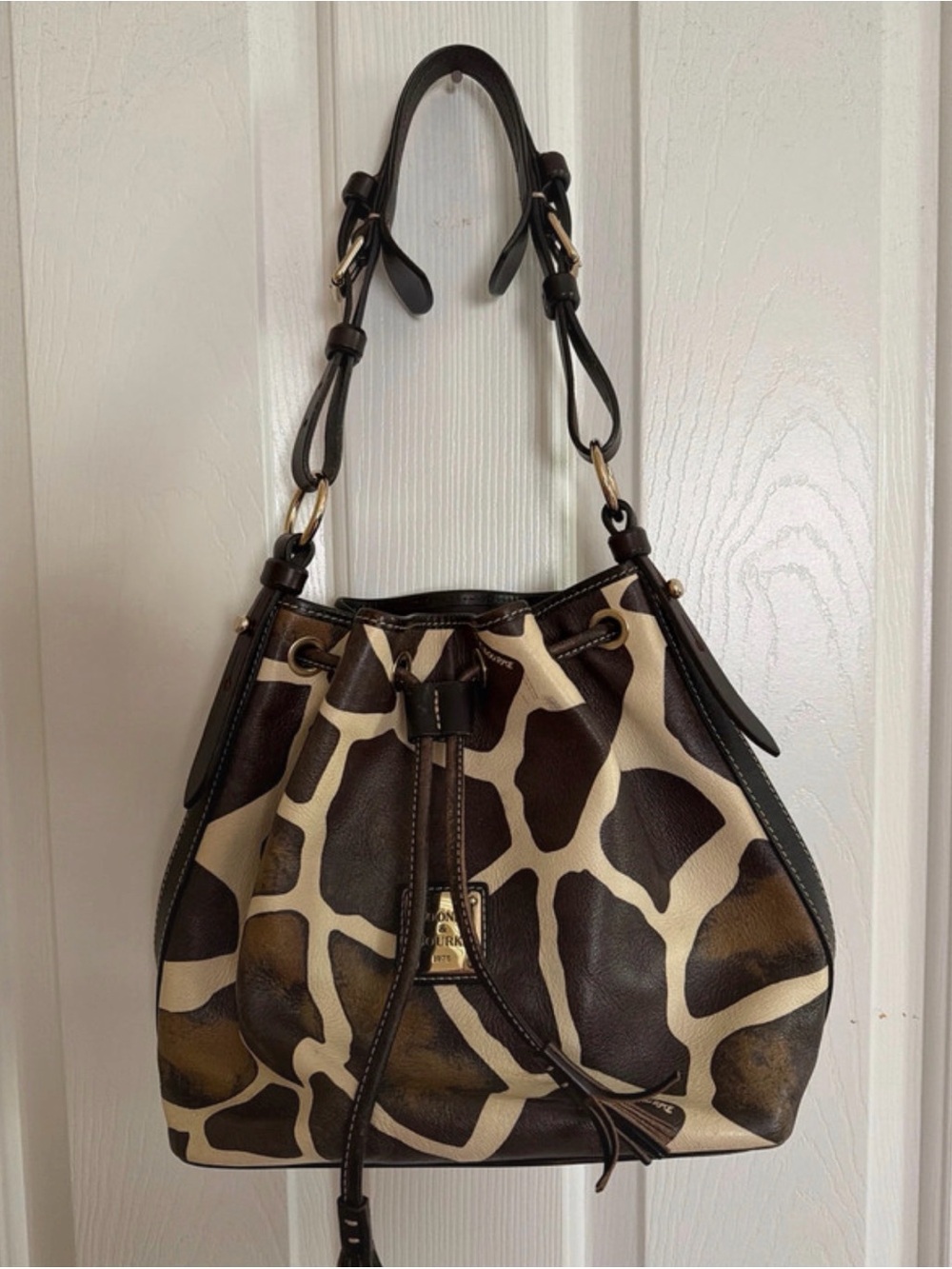 Dooney & Bourke Brown and Cream Giraffe-Print Drawstring Shoulder Tote